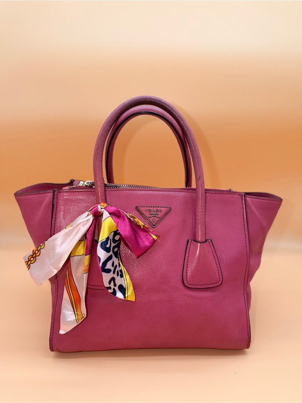 Prada Pink Leather Tote with Patterned Scarf Accent